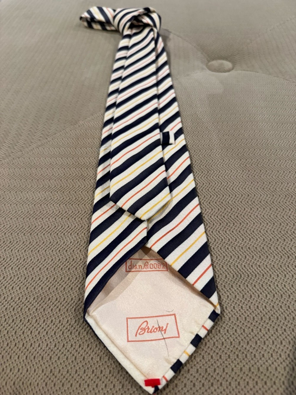 Brioni Luxury Navy Stripe Silk Tie White, Yellow & Orange Accents pattern B.0082